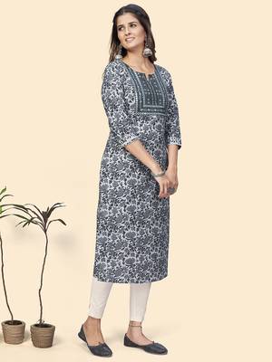 Vbuyz Women'S Print & Embroidered Straight Cotton Grey Stitched Kurta 5