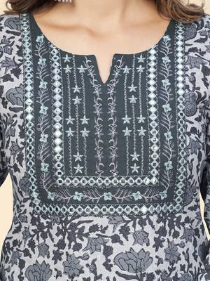 Vbuyz Women'S Print & Embroidered Straight Cotton Grey Stitched Kurta 7
