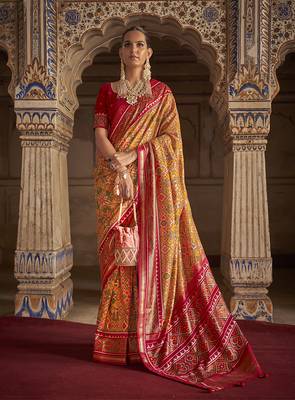   light orange printed silk saree with blouse 1