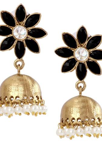 Cute Flower 18K Gold Plated Spinel Black Pearl Jhumki Earring for Women