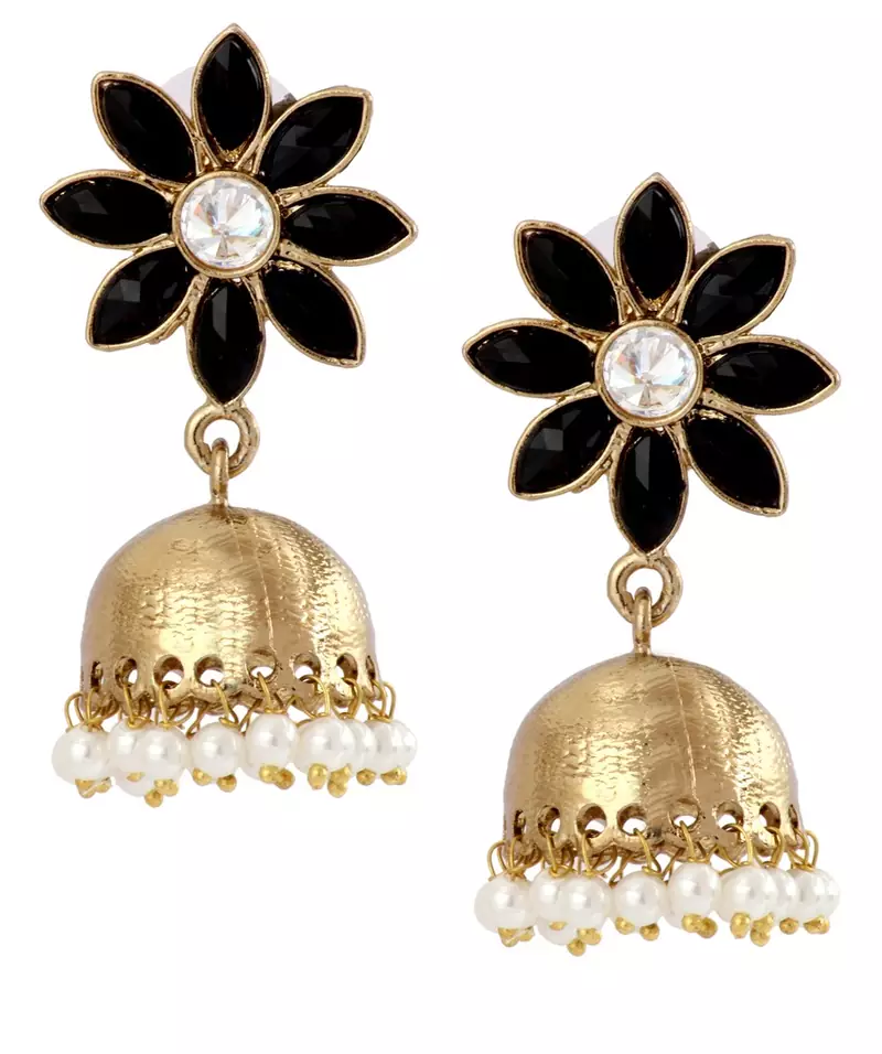 Cute Flower 18K Gold Plated Spinel Black Pearl Jhumki Earring for Women