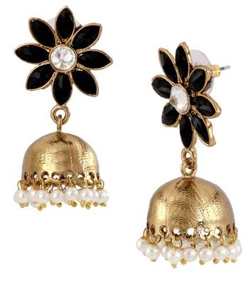 Cute Flower 18K Gold Plated Spinel Black Pearl Jhumki Earring for Women 2