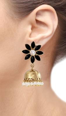 Cute Flower 18K Gold Plated Spinel Black Pearl Jhumki Earring for Women 3