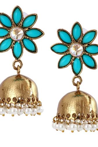 Cute Flower 18K Gold Plated Turquoise Blue Pearl Jhumki Earring for Women