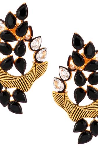 Floral Marquise 18K Gold Plated Black Kundan Stud Earring for Women