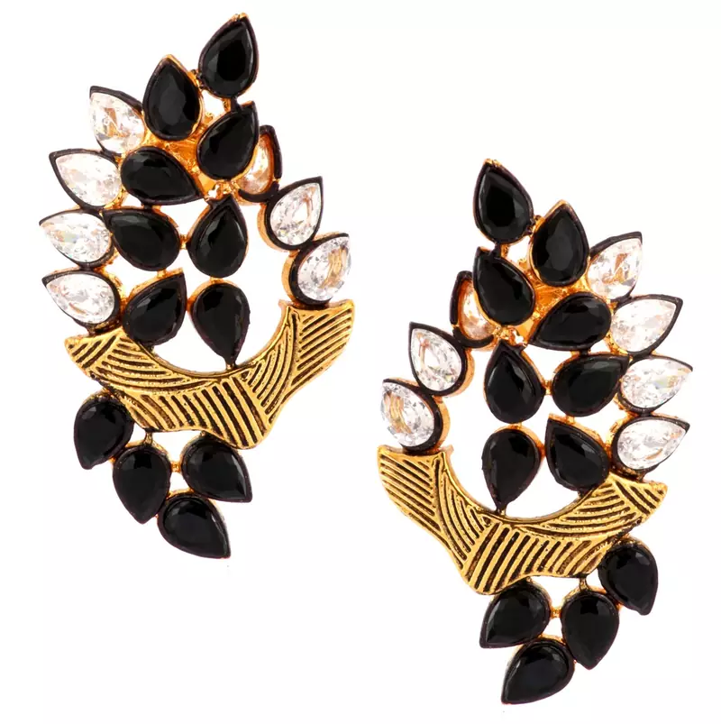 Floral Marquise 18K Gold Plated Black Kundan Stud Earring for Women