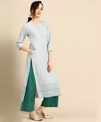 Blue embroidered rayon long-kurtis 3