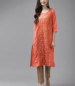 Orange embroidered cotton ethnic-kurtis