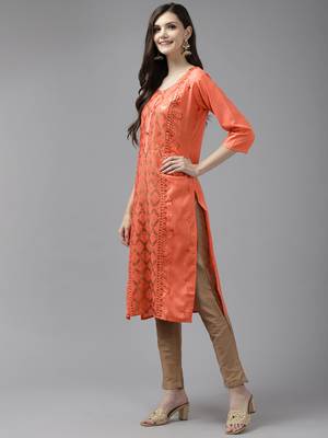 Orange embroidered cotton ethnic-kurtis 2