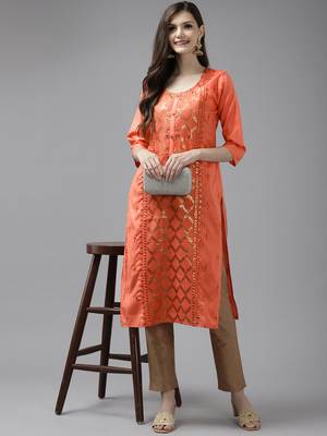 Orange embroidered cotton ethnic-kurtis 4