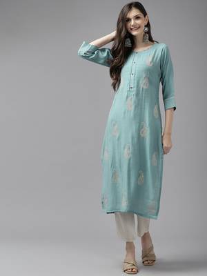 Turquoise embroidered cotton ethnic-kurtis 1