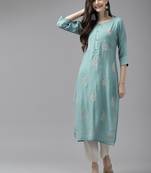 Turquoise embroidered cotton ethnic-kurtis