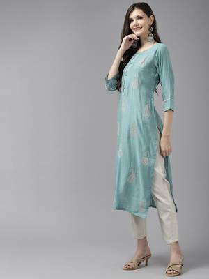 Turquoise embroidered cotton ethnic-kurtis 2