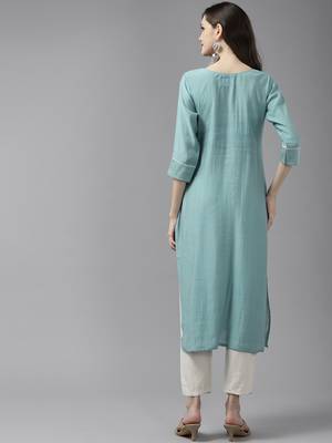 Turquoise embroidered cotton ethnic-kurtis 3