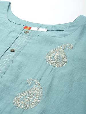 Turquoise embroidered cotton ethnic-kurtis 4