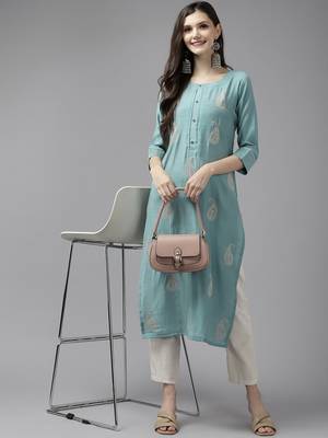 Turquoise embroidered cotton ethnic-kurtis 5