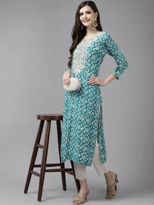 Turquoise embroidered cotton ethnic-kurtis 1