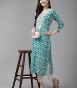 Turquoise embroidered cotton ethnic-kurtis