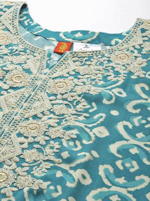 Turquoise embroidered cotton ethnic-kurtis 3