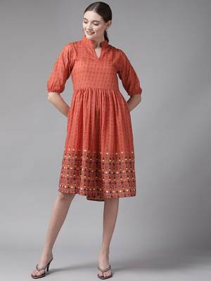 Orange printed georgette short-dresses 1