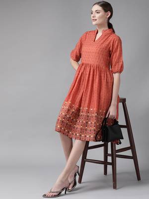 Orange printed georgette short-dresses 5