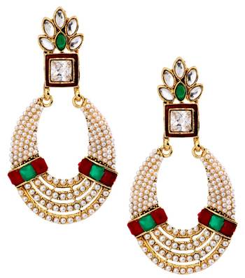 Oval Chaand Bali 22K Gold Plated Red Green Pearl CZ Dangling Earring for Women 1