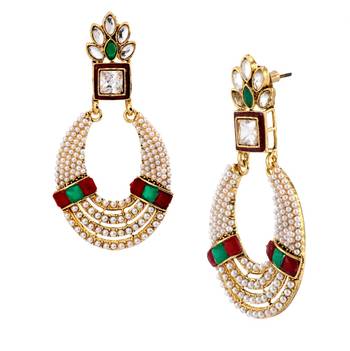 Oval Chaand Bali 22K Gold Plated Red Green Pearl CZ Dangling Earring for Women 2