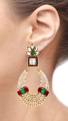 Oval Chaand Bali 22K Gold Plated Red Green Pearl CZ Dangling Earring for Women 3