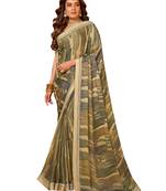 Vishal Prints Grey And Brown Printed Chiffon Brasso Saree With Fancy Lace Border