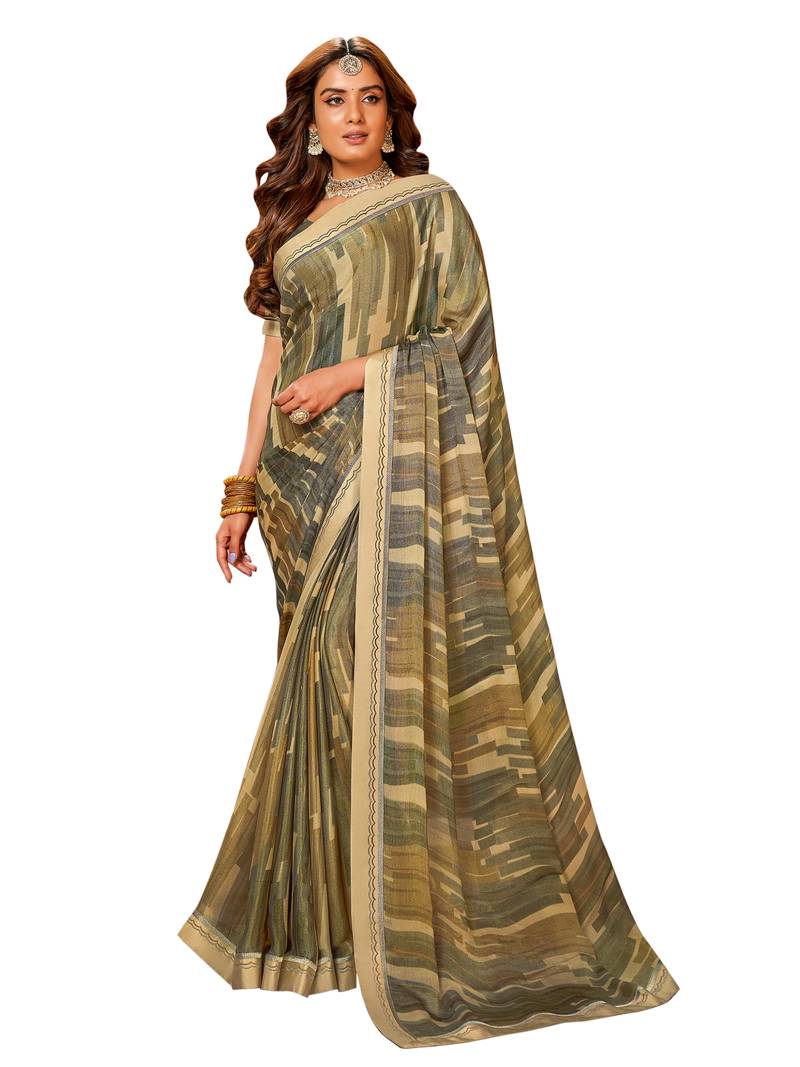 Vishal Prints Grey And Brown Printed Chiffon Brasso Saree With Fancy Lace Border