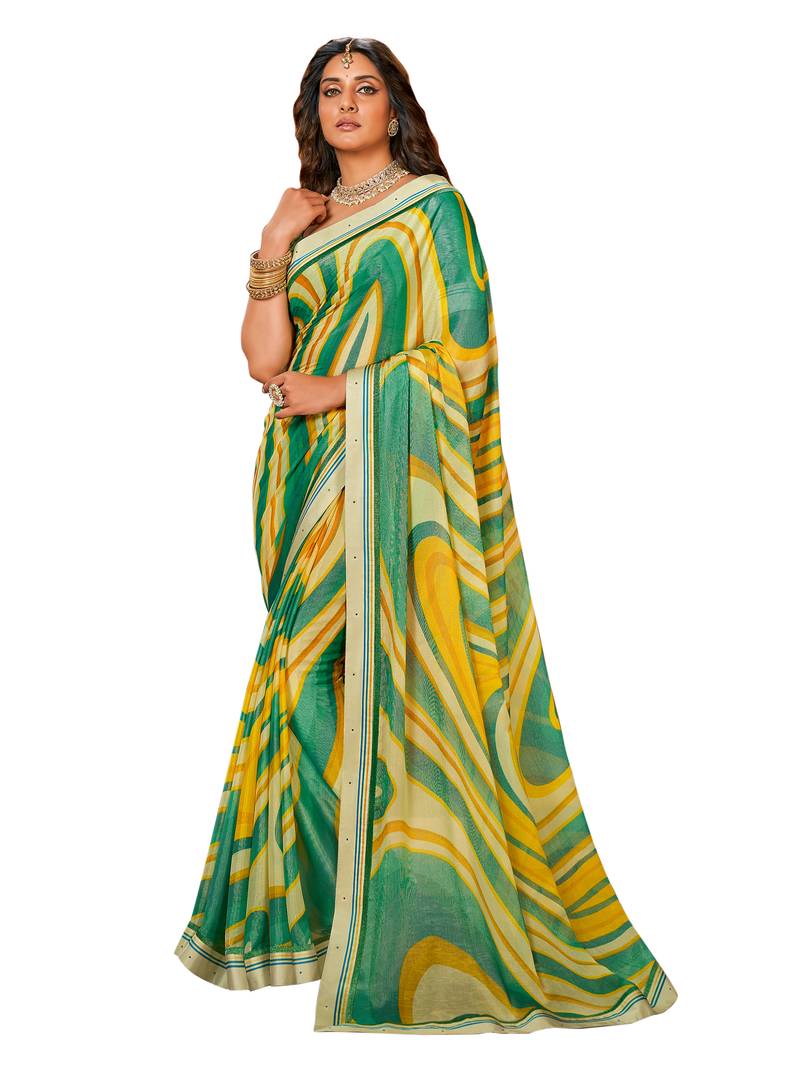 Vishal Prints Tea Green Printed Chiffon Brasso Saree With Fancy Lace Border