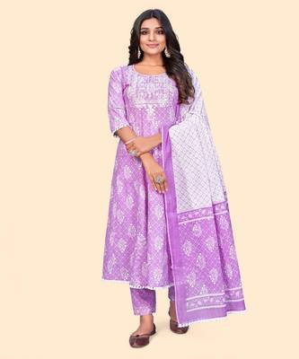 Embroidered A Line Cotton Lavender Stitched Kurta Pant With Dupatta 1