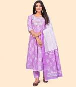 Embroidered A Line Cotton Lavender Stitched Kurta Pant With Dupatta