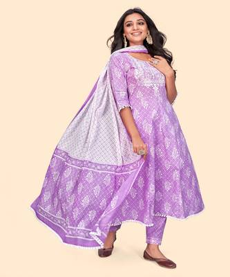 Embroidered A Line Cotton Lavender Stitched Kurta Pant With Dupatta 2