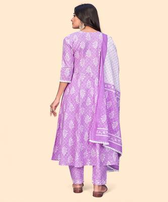 Embroidered A Line Cotton Lavender Stitched Kurta Pant With Dupatta 3