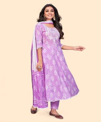 Embroidered A Line Cotton Lavender Stitched Kurta Pant With Dupatta 4