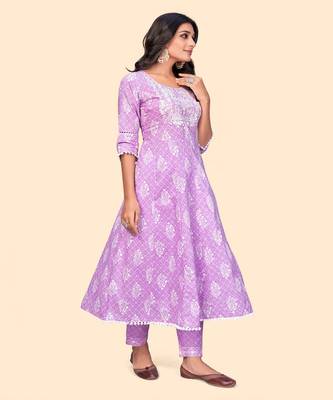 Embroidered A Line Cotton Lavender Stitched Kurta Pant With Dupatta 5