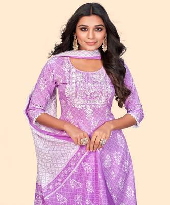 Embroidered A Line Cotton Lavender Stitched Kurta Pant With Dupatta 6