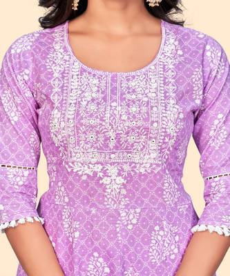 Embroidered A Line Cotton Lavender Stitched Kurta Pant With Dupatta 7