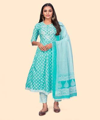 Embroidered A Line Cotton Sky Blue Stitched Kurta Pant With Dupatta 1
