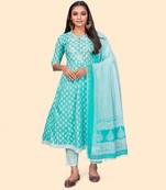 Embroidered A Line Cotton Sky Blue Stitched Kurta Pant With Dupatta