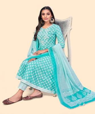 Embroidered A Line Cotton Sky Blue Stitched Kurta Pant With Dupatta 2