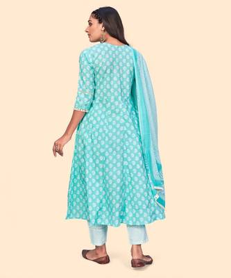 Embroidered A Line Cotton Sky Blue Stitched Kurta Pant With Dupatta 3