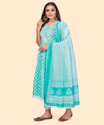 Embroidered A Line Cotton Sky Blue Stitched Kurta Pant With Dupatta 4