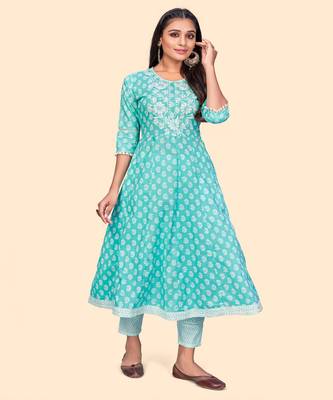 Embroidered A Line Cotton Sky Blue Stitched Kurta Pant With Dupatta 5