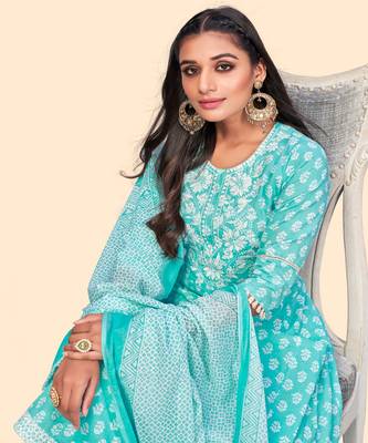 Embroidered A Line Cotton Sky Blue Stitched Kurta Pant With Dupatta 6
