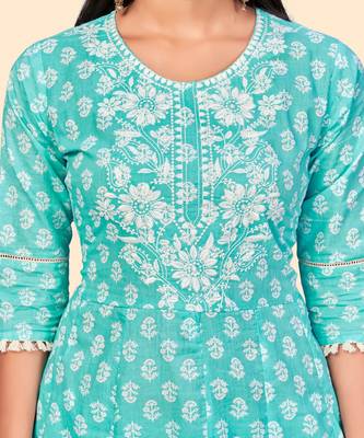 Embroidered A Line Cotton Sky Blue Stitched Kurta Pant With Dupatta 7