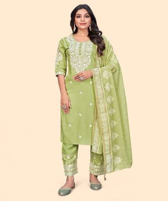 Embroidered Straight Cotton Pista Stitched Kurta Pant With Dupatta 1