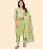 Embroidered Straight Cotton Pista Stitched Kurta Pant With Dupatta