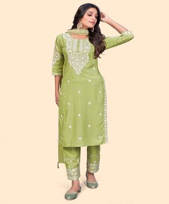 Embroidered Straight Cotton Pista Stitched Kurta Pant With Dupatta 2
